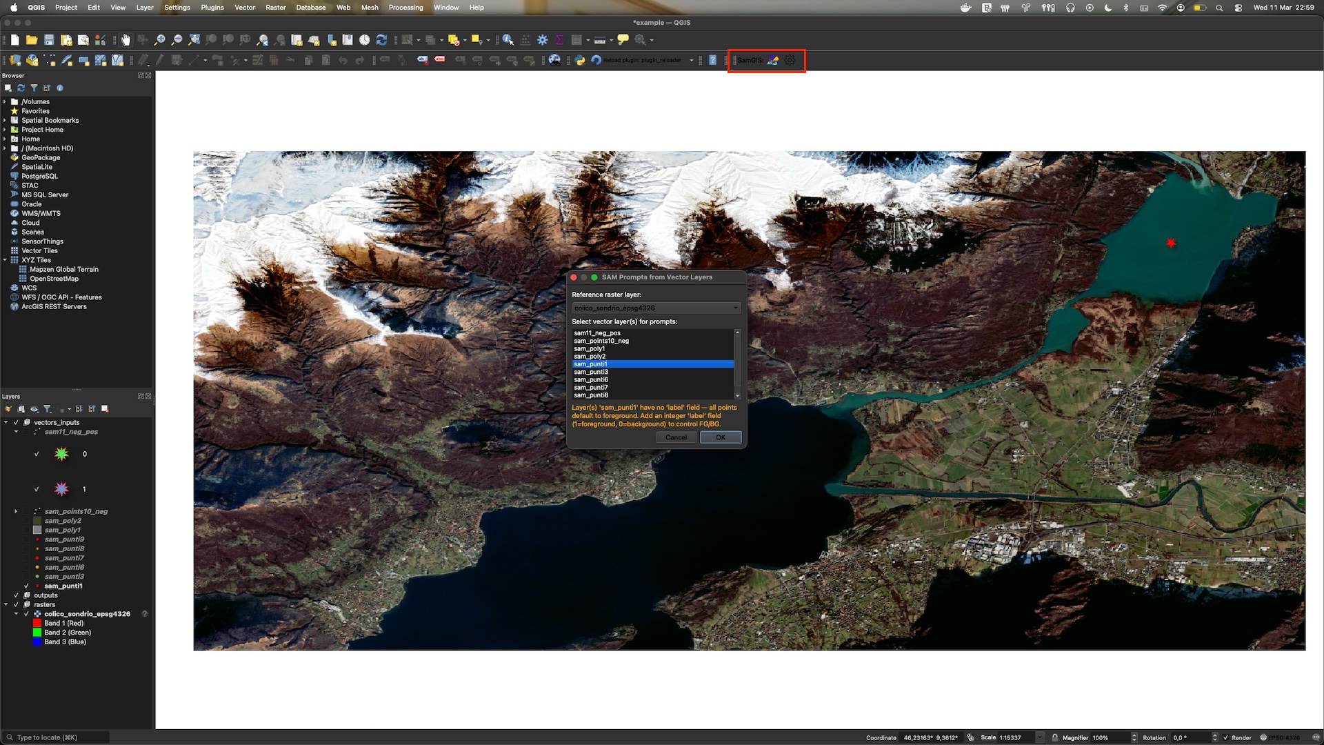 SamGIS dialog — select layers and prompts SamGIS dialog — select layers and prompts